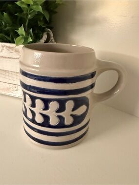 Salt Glaze Stoneware Beer Stein Cobalt Blue Leaf Pattern Ceramic Mug VTG.  5.5”